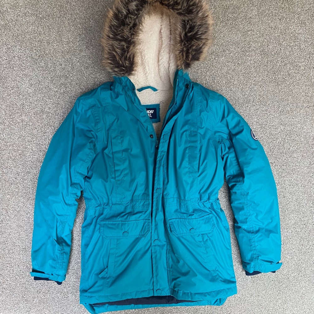 Lands' End Squall Parka Girls XL 14-16 Teal Excellent Sherpa Lined Faux Fur Hood